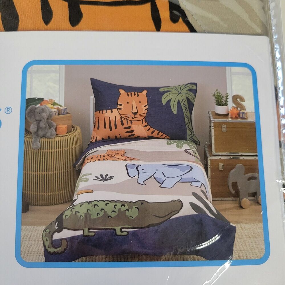 Carters 4pc Toddler Bedding Set Jungle Animal Tiger Elephant Safari Zoo Navy Tan